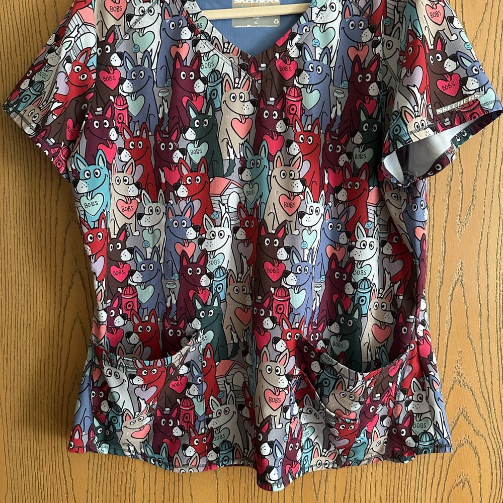 (Set of 3) Skechers Red and Gray Graphic Scrub tops